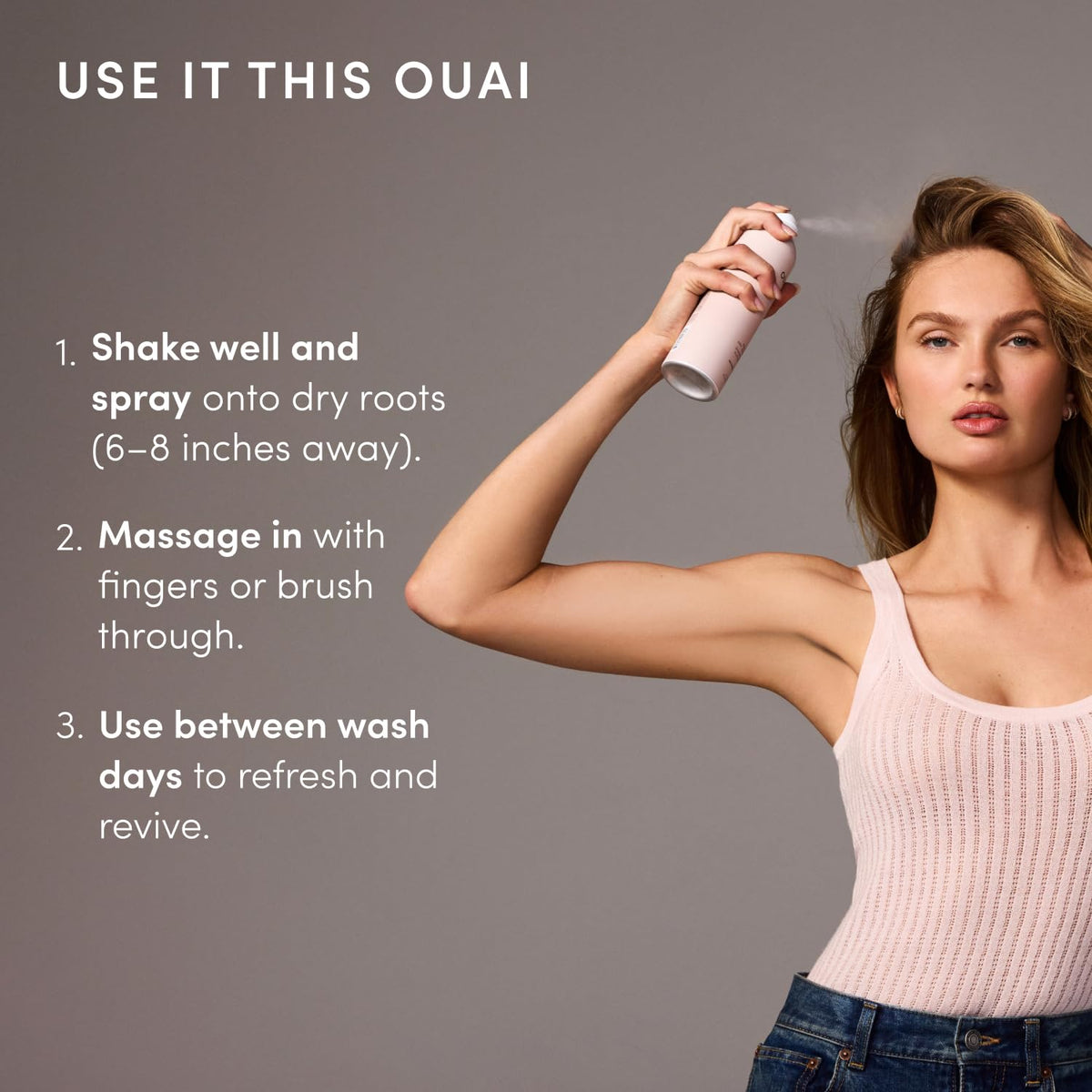 OUAI Super Dry Shampoo with flowers and beauty accessories