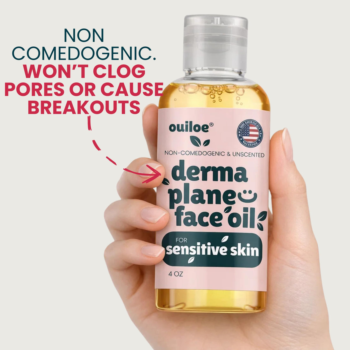 Ouiloe Dermaplane Oil 4oz in lifestyle setting on bathroom counter