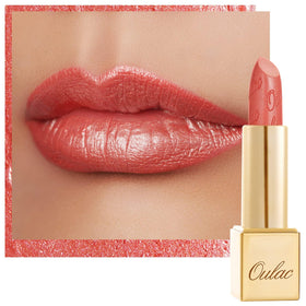 Oulac Coral Pink Lipstick front view with metallic shine