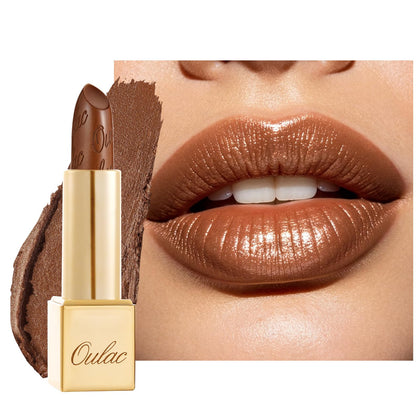 Oulac Dark Brown Lipstick front view with metallic shine