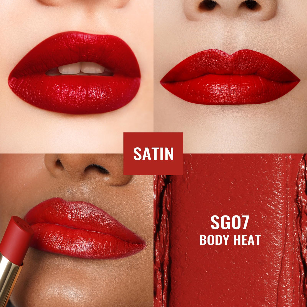 Oulac Deep Red Satin Matte Lipstick in beauty setup