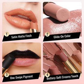 Oulac Deep Red Satin Matte Lipstick swatch on skin