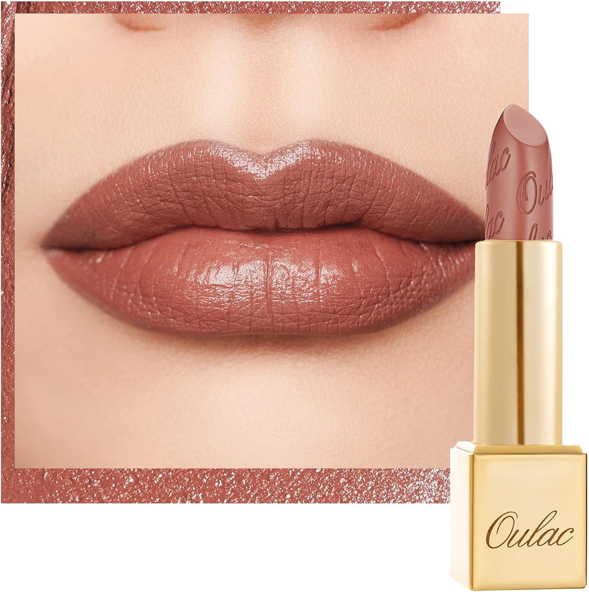 Oulac Matte Cinnamon Lipstick GM03 front view with glow metallic finish