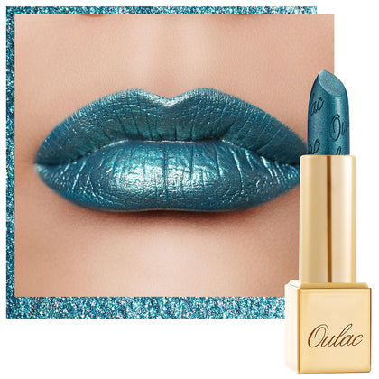 Oulac Metallic Green Lipstick front view with glittering tube
