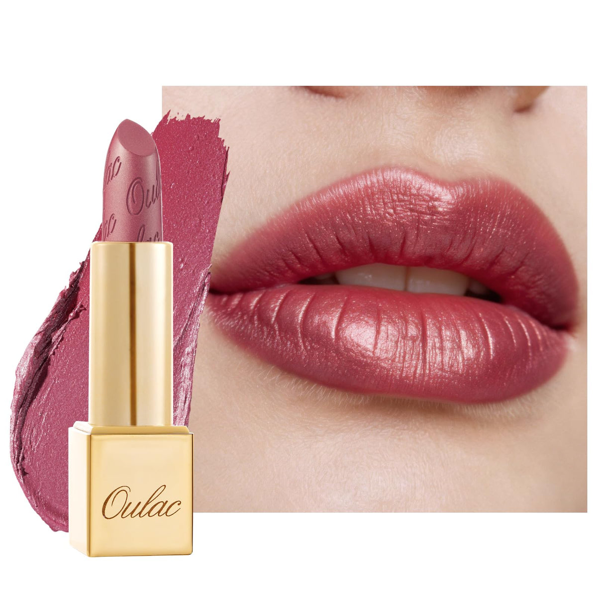 Oulac Pink Lipstick front view with metallic shine