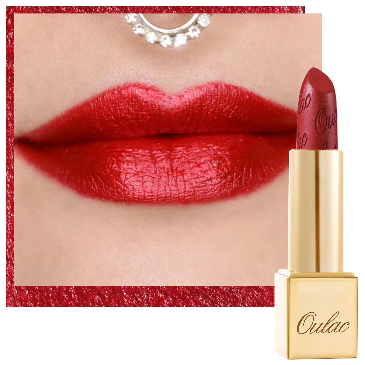 Oulac Red Lipstick Cherry Bomb front view with metallic finish