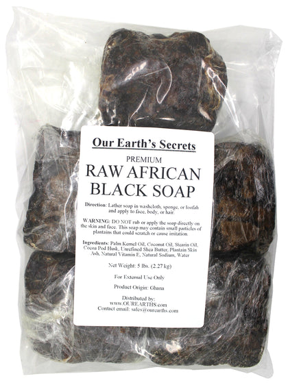 Our Earth's Secrets Premium Raw African Black Soap 5 lbs front view