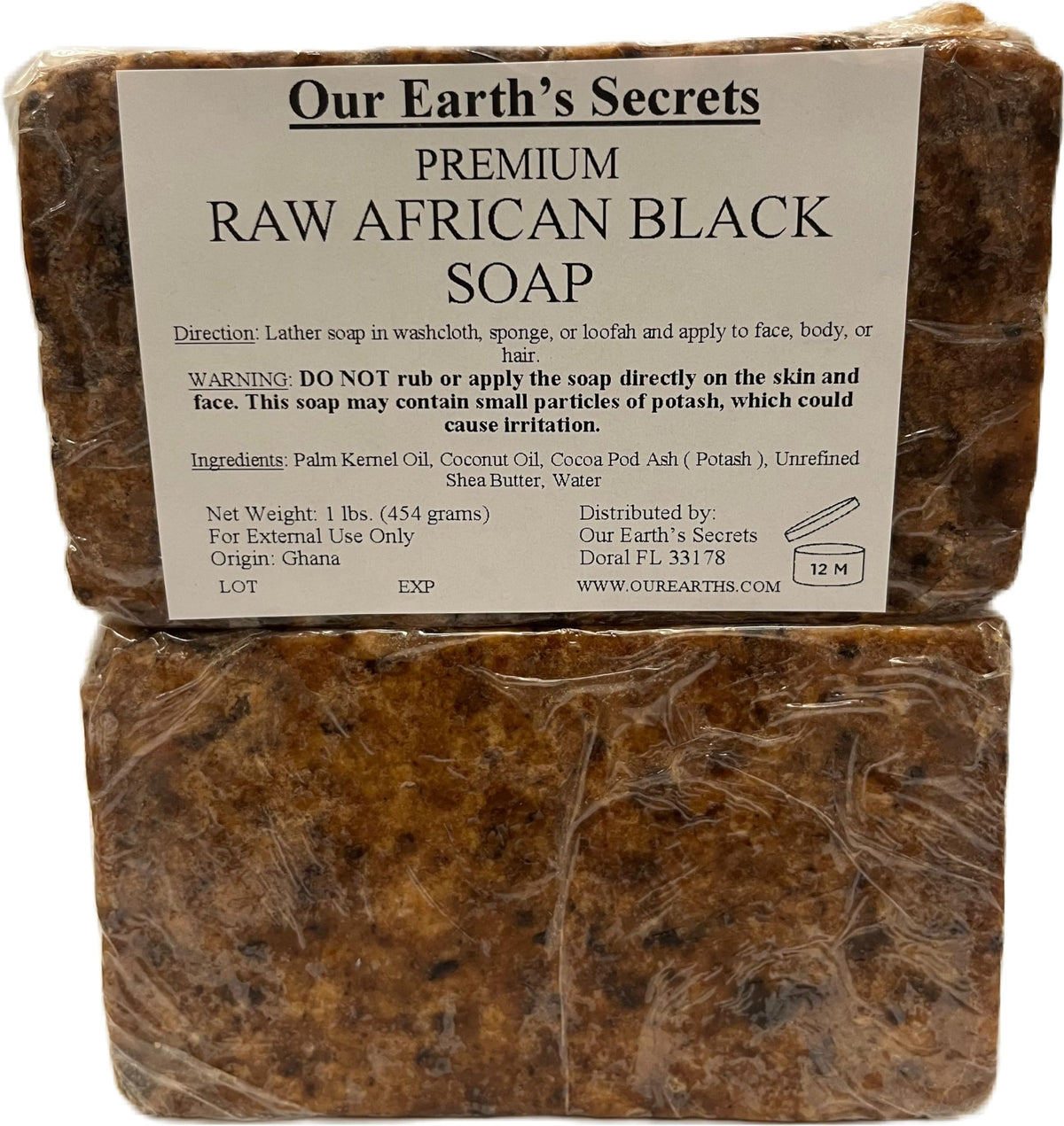 Our Earth's Secrets Raw African Black Soap on a washcloth