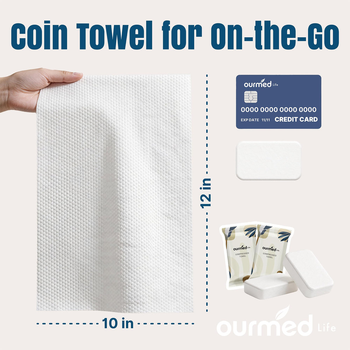 Ourmed Life Compressed Towel expanded to 12x10 inches