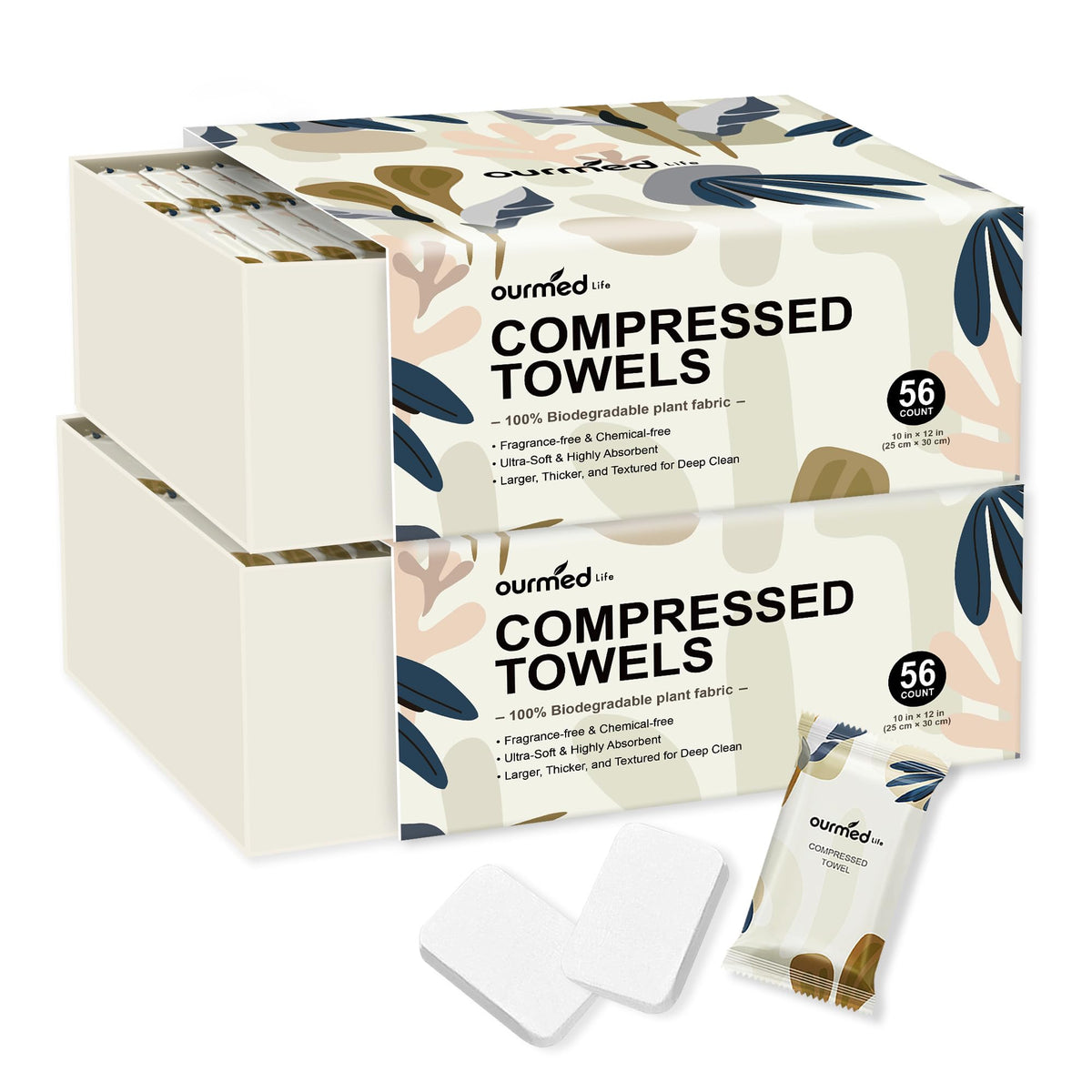 Ourmed Life Compressed Towel front view, individually wrapped
