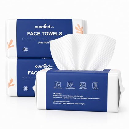 ourmed life Disposable Face Towels 300 Count packaging front view