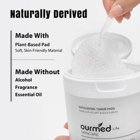 ourmed life toner pads with a background of skincare products