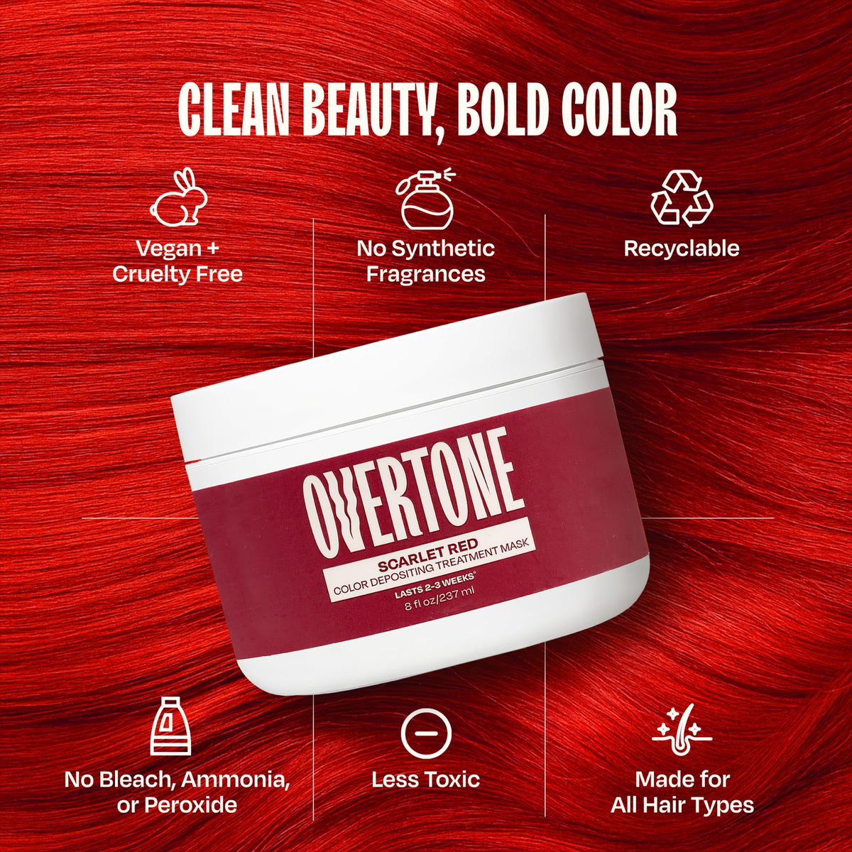oVertone Scarlet Red Hair Mask back view with usage instructions