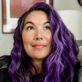 oVertone Vibrant Purple Hair Mask in a bathroom setting