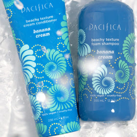 Pacifica Banana Cream Beachy Texture Foam Shampoo packaging with tropical theme