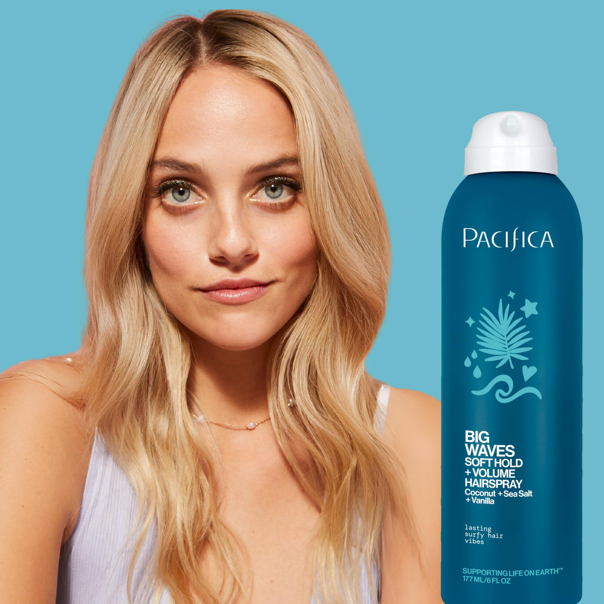 Pacifica Big Waves Coconut Vanilla Sea Salt Hairspray with tropical decor