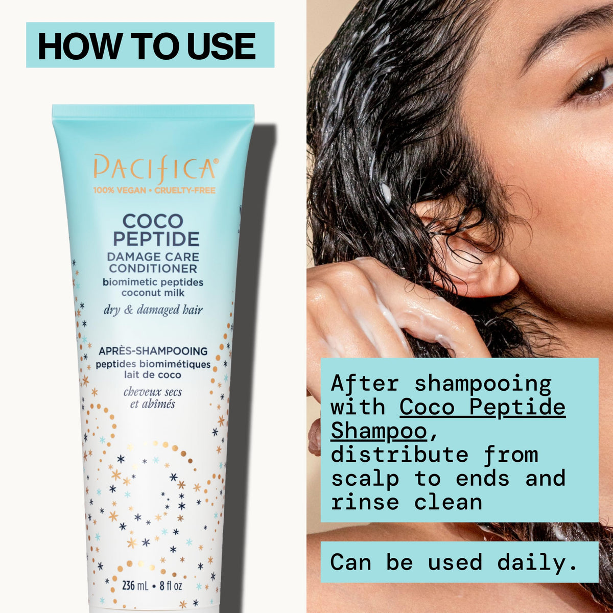 Pacifica Coco Peptide Damage Care Conditioner application on hair