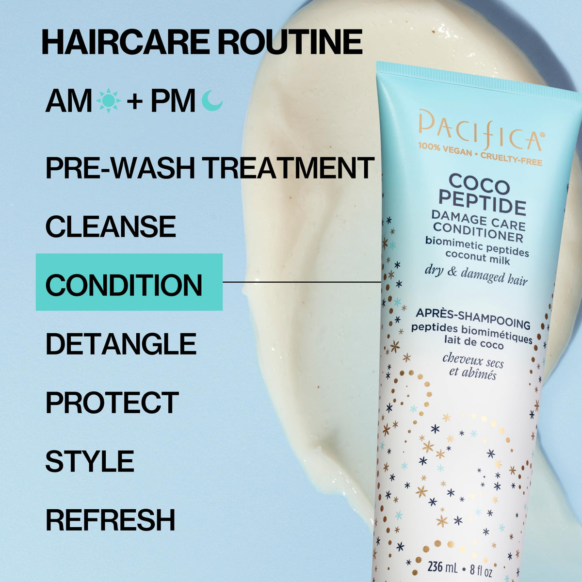 Pacifica Coco Peptide Damage Care Conditioner with other hair care products