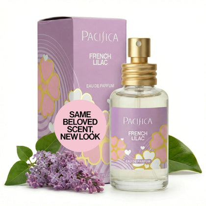 Pacifica French Lilac Spray Perfume front view with floral design