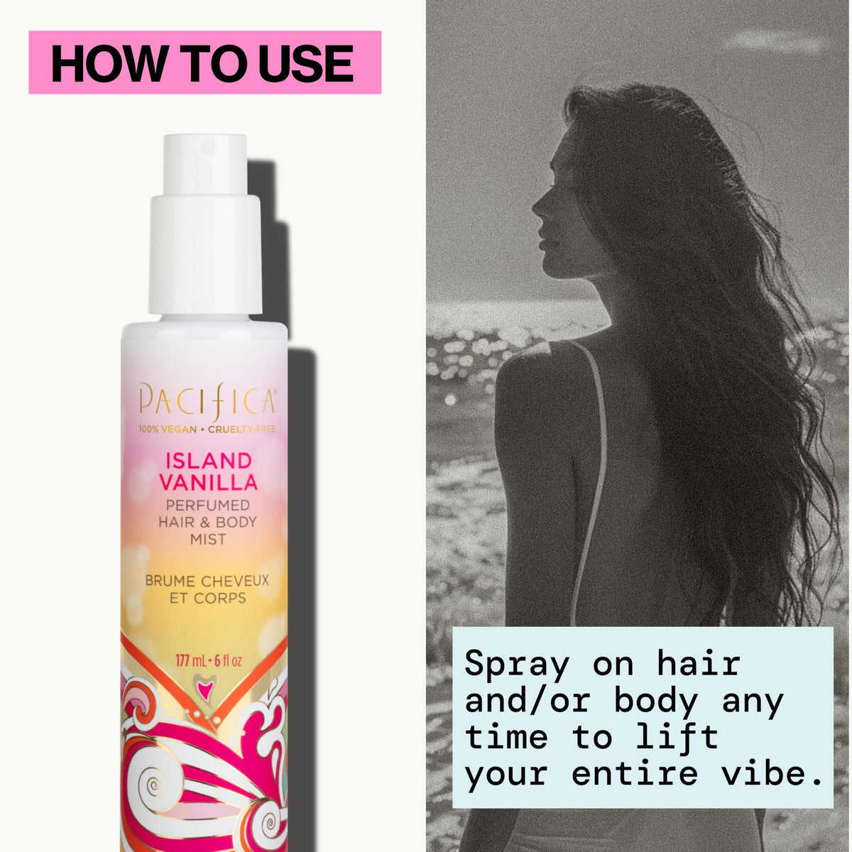 Pacifica Island Vanilla Hair Mist 6 oz with ingredients list