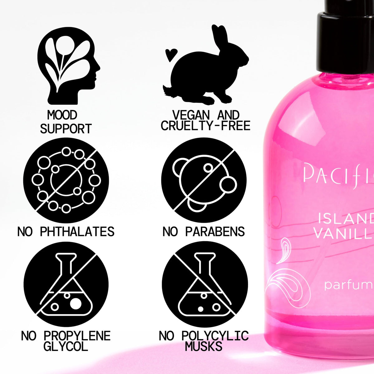Pacifica Island Vanilla Spray Perfume 2oz bottle with tropical background