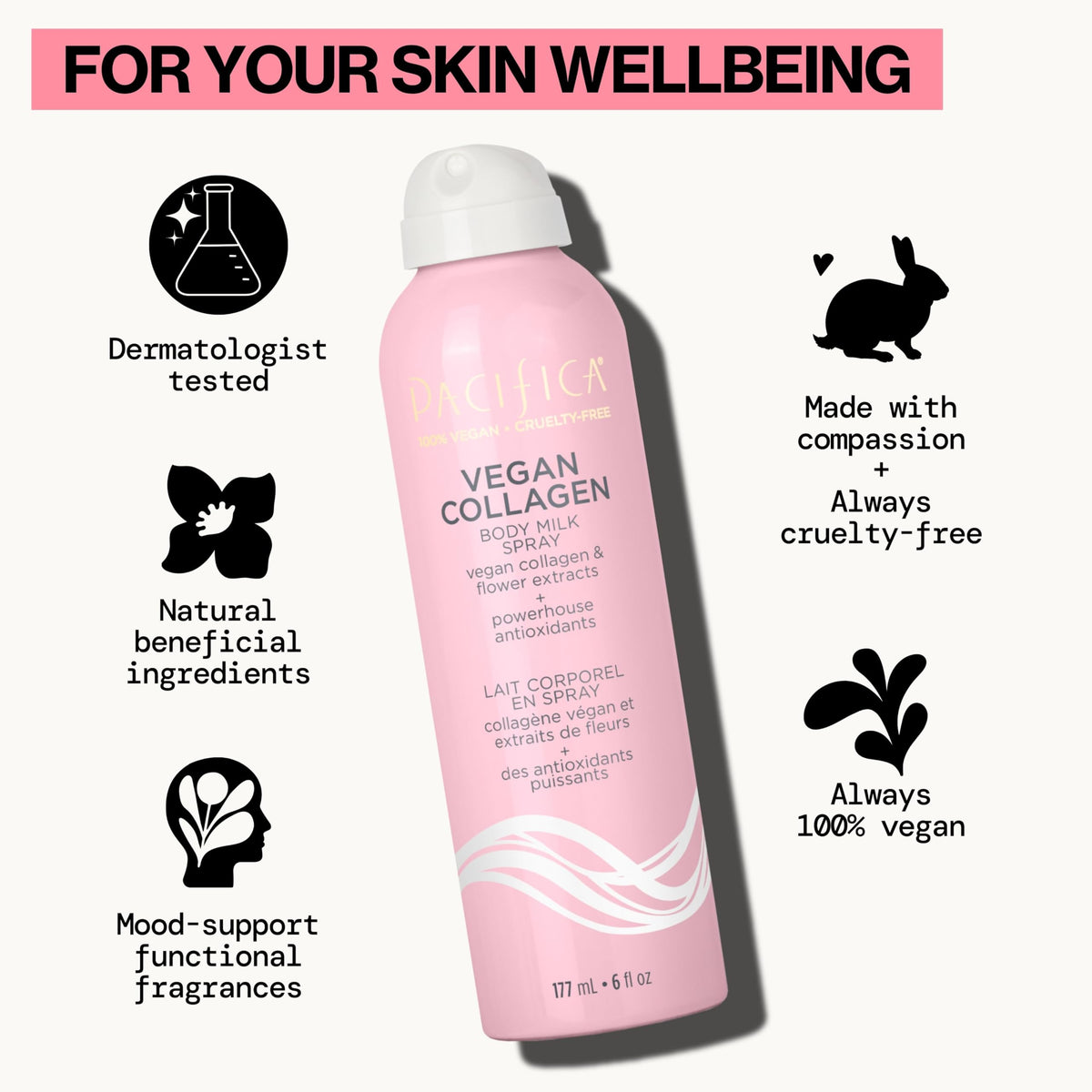 Pacifica Spray Lotion 235g back view showing ingredients
