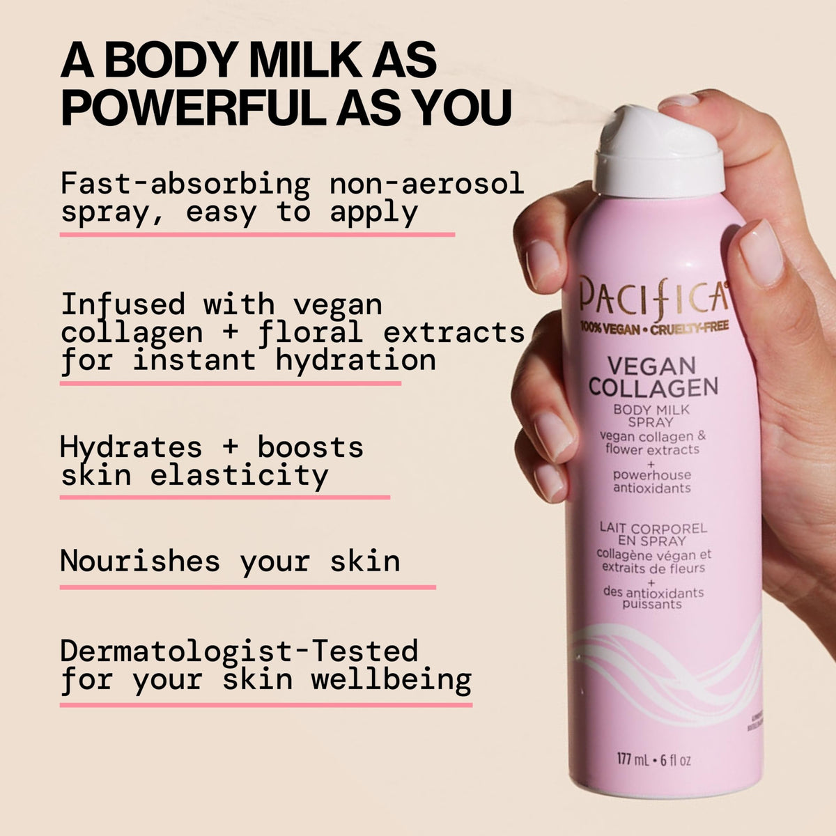Pacifica Spray Lotion 235g side view highlighting non-aerosol pump