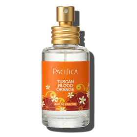 Pacifica Tuscan Blood Orange Eau de Parfum bottle with sunlight reflection