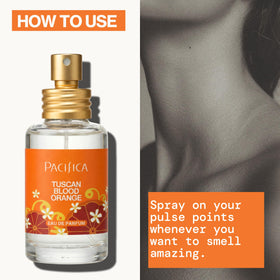 Pacifica Tuscan Blood Orange Eau de Parfum in a lifestyle scene with citrus fruits