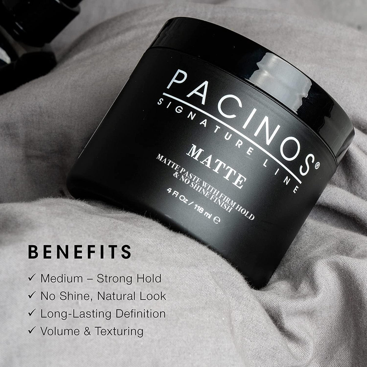 Pacinos Matte Hair Paste 4 fl oz on a bathroom counter