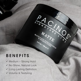 Pacinos Matte Hair Paste 4 fl oz on a bathroom counter