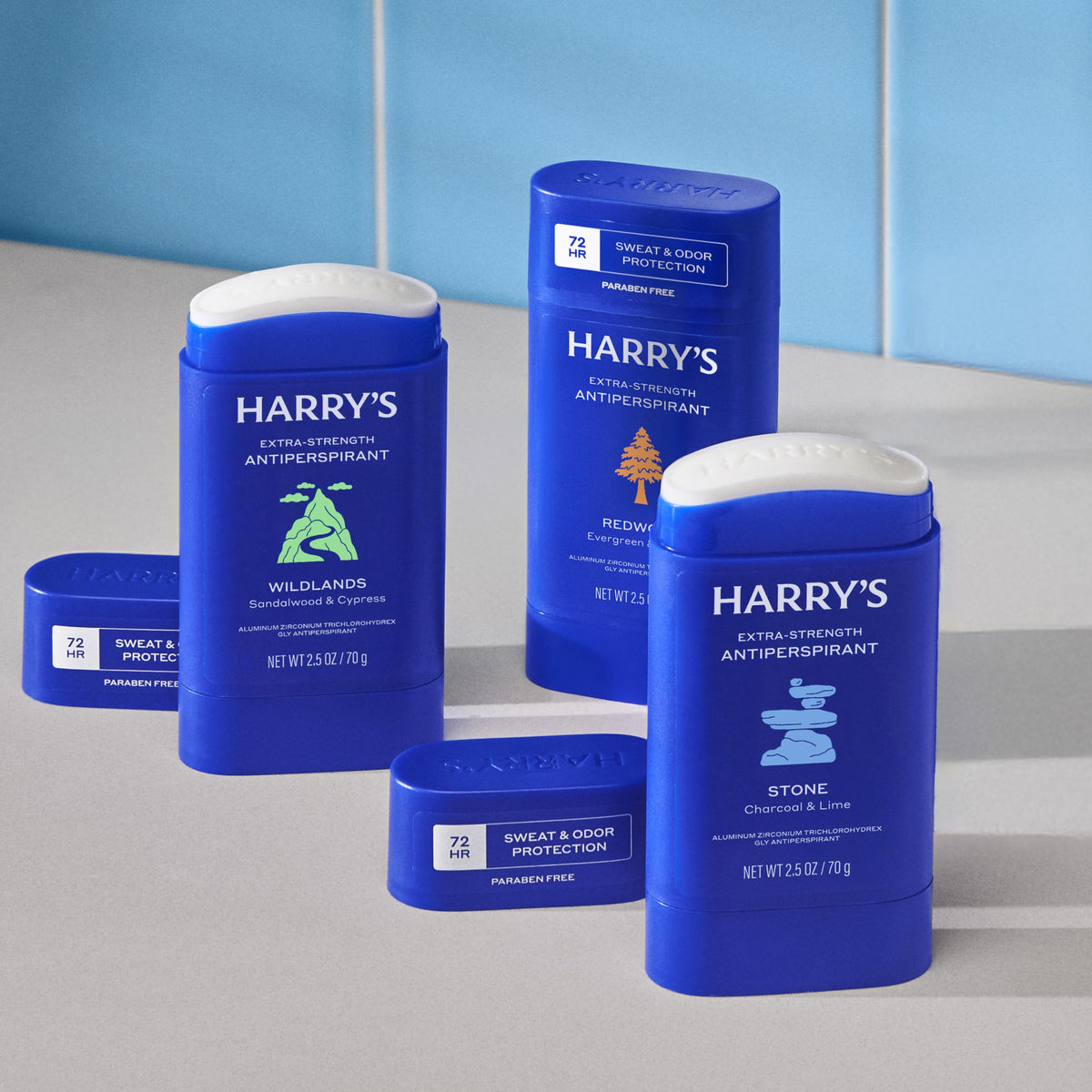Pack of Harry's Extra-Strength Antiperspirant Deodorants showing all three scents