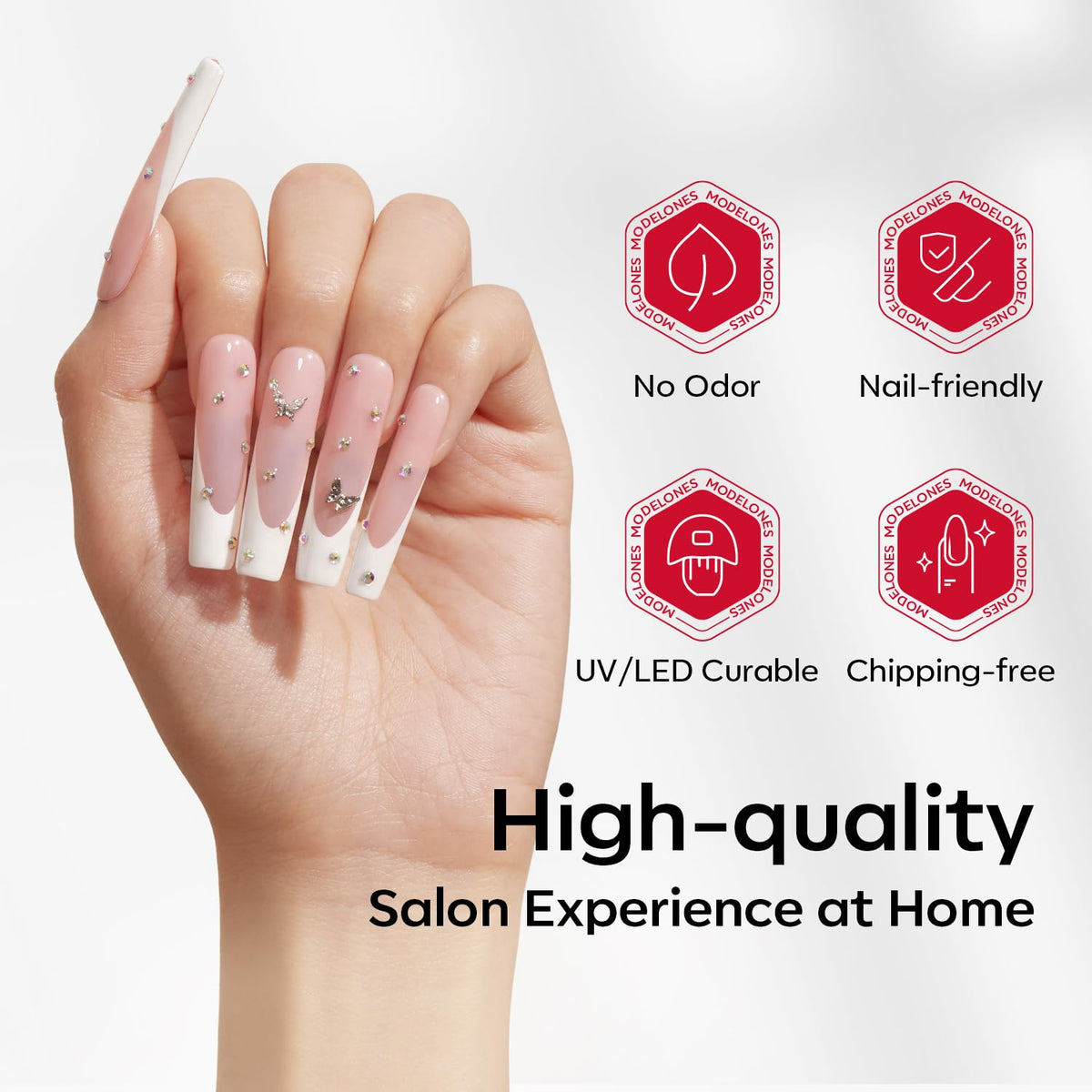 Pack of Modelones Long Square Nail Tips with dimensions