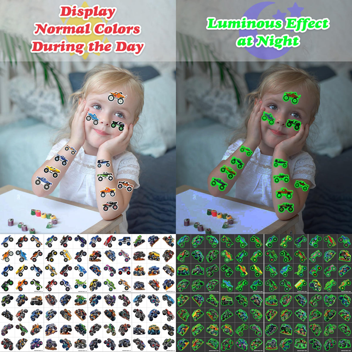 Packaged Monster Truck temporary tattoos with vibrant colours