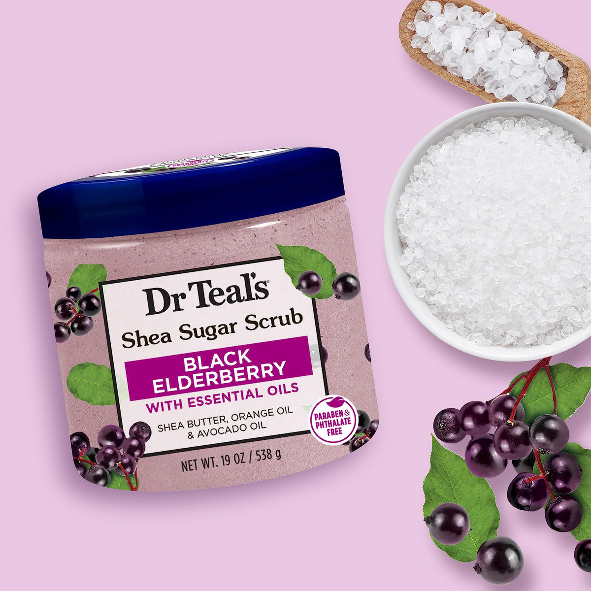 Packaging of Dr Teal's Shea Sugar Body Scrub Black Elderberry