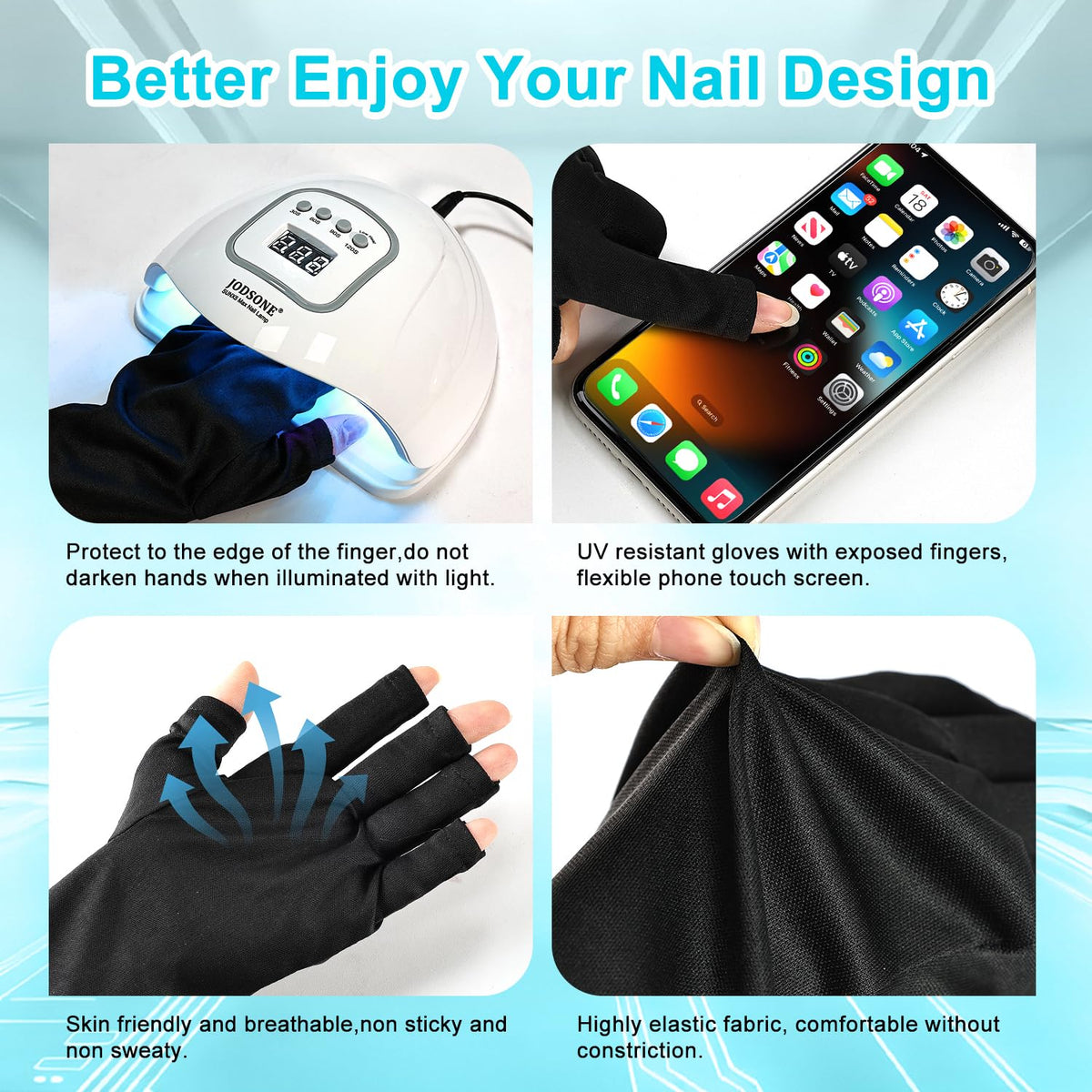 Packaging of JODSONE UV LED Nail Lamp and gloves kit