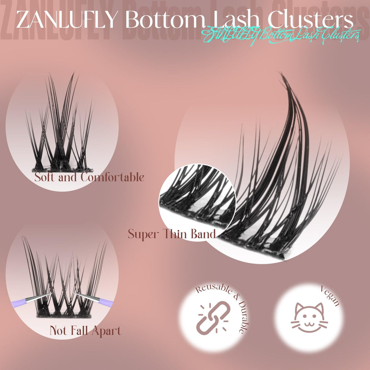 Packaging of zanlufly Natural Lower Lashes with three styles