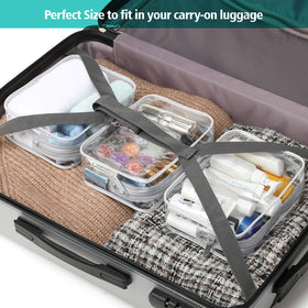 PACKISM Clear Makeup Bag in travel setting with luggage