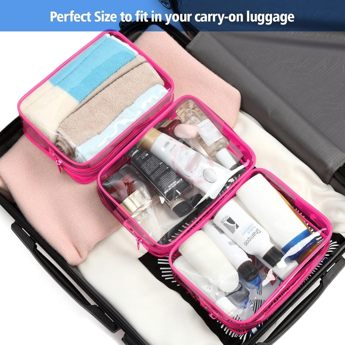 PACKISM Clear Makeup Bag next to travel accessories