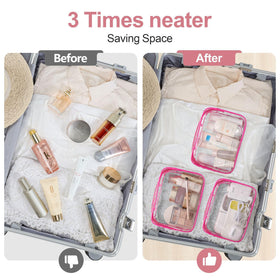 PACKISM toiletry bag in fuchsia pink on a bathroom counter