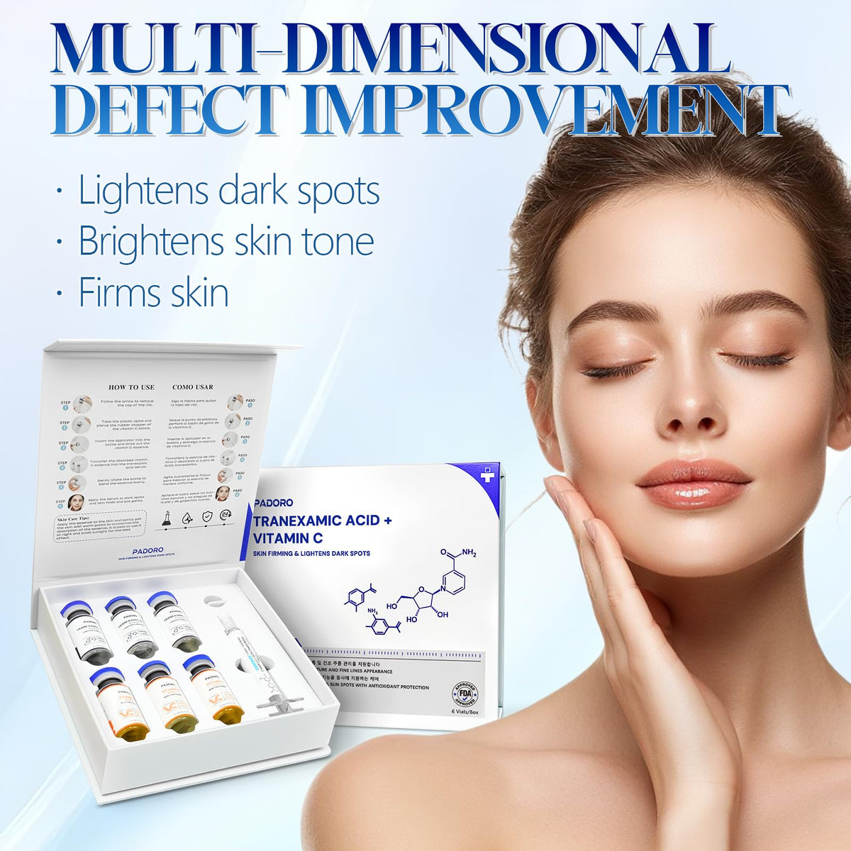 Padoro Tranexamic Acid Serum set displayed on a countertop
