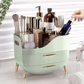 Pajiriona Makeup Organizer filled with cosmetics on a bathroom countertop