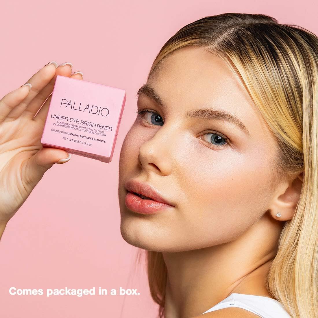 Palladio Under Eye Brightener Soft Pink 41g with makeup brush