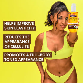 Palmer's Brazilian Cocoa Firming Body Oil with tropical background