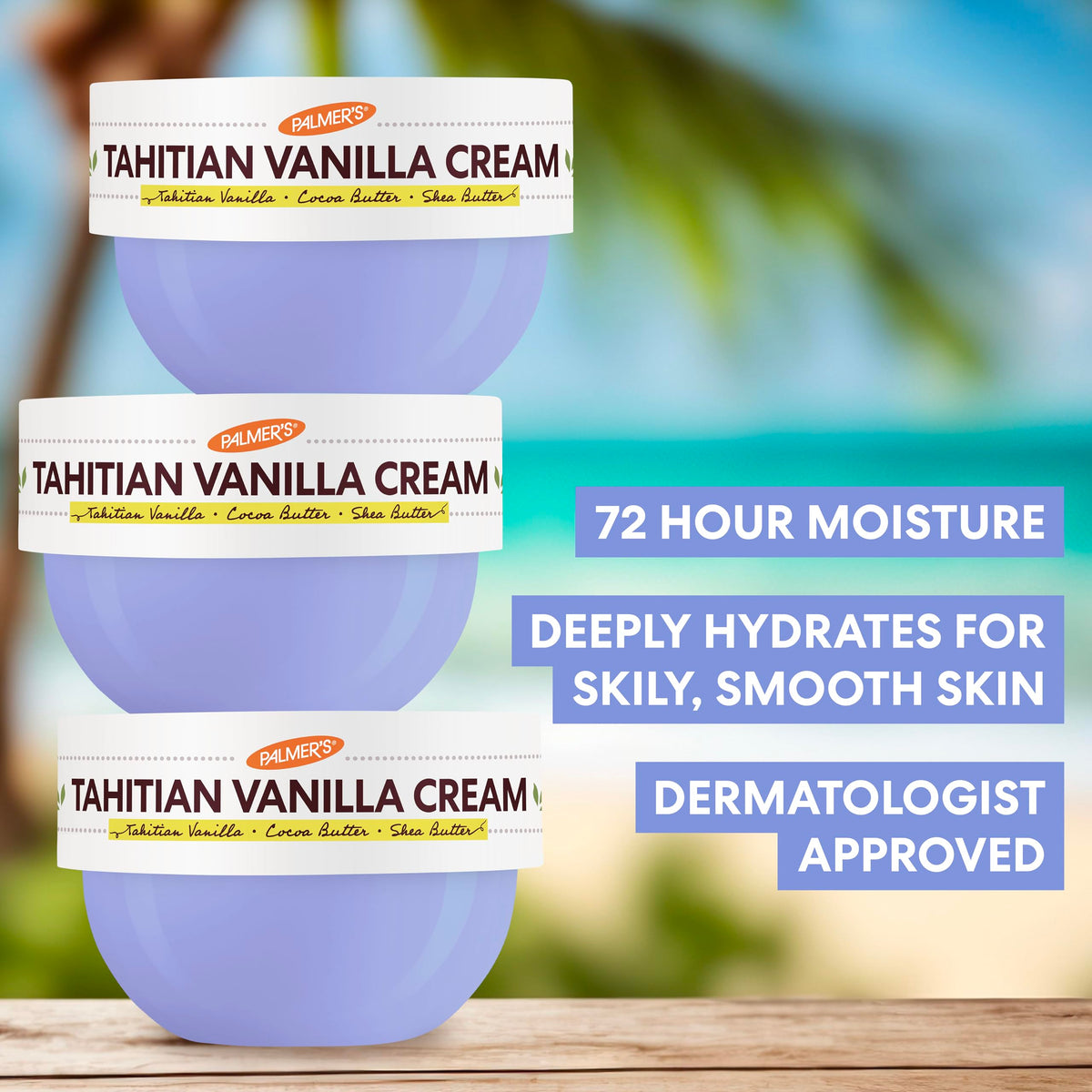 Palmer's Cocoa Butter Tahitian Vanilla Body Cream on a bathroom shelf