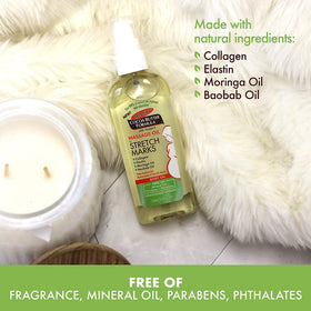 Palmer's Stretch Marks Massage Oil on a bathroom shelf