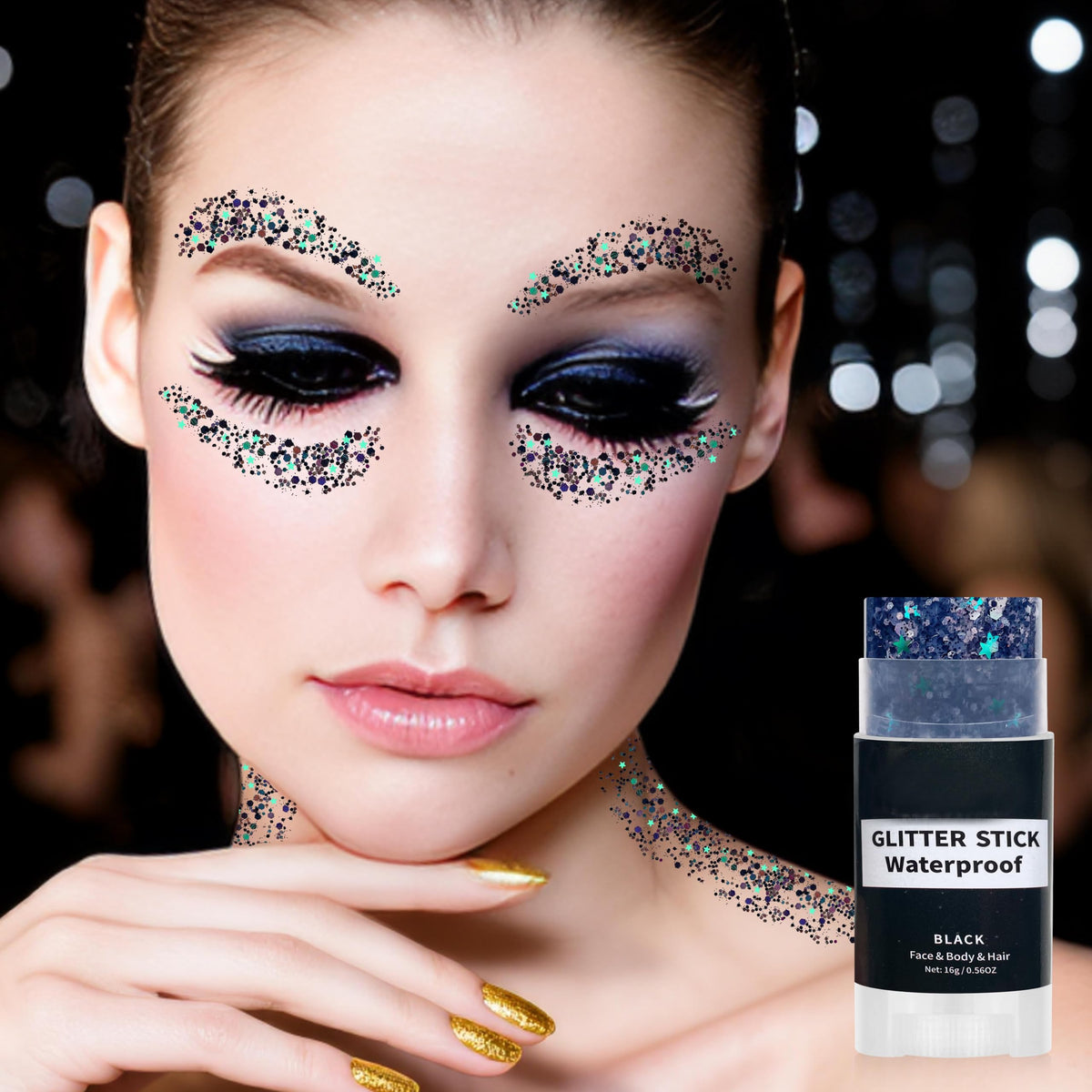 Paminify Black Face Glitter Stick held in hand for scale