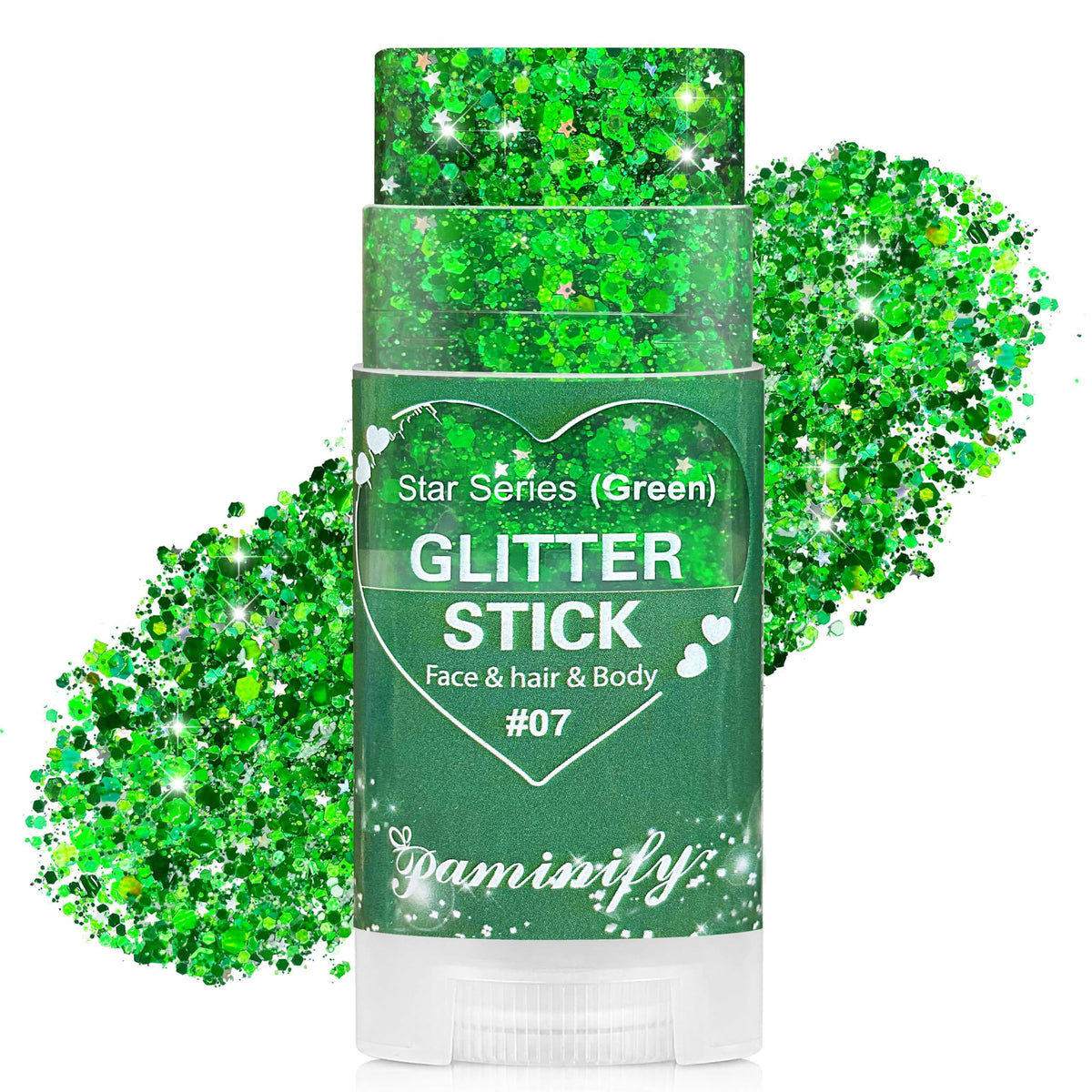 Paminify Green Hair Glitter Stick front view with packaging