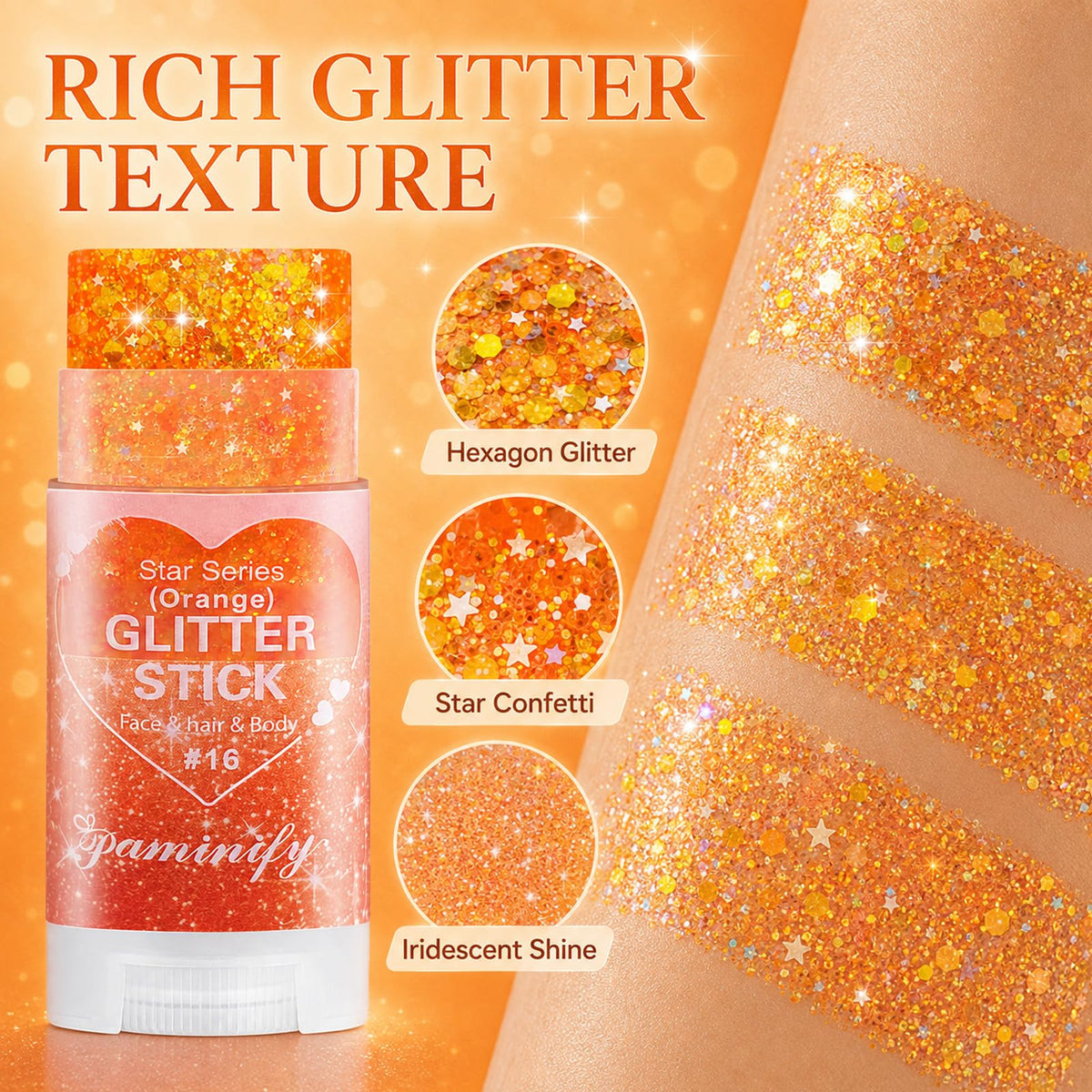 Paminify Orange Hair Glitter Stick close-up of glitter texture