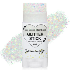 Paminify Rainbow White Glitter Stick front view with twist-up design